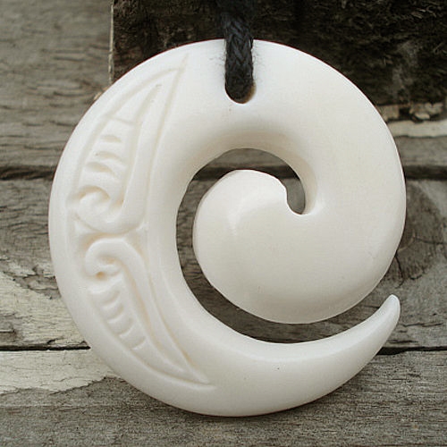 CARVED MAORI SPIRAL KORU BONE PENDANT