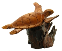 HAND CARVED WOOD SWIMMING SEA TURTLE ON DRIFTWOOD BASE