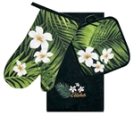 3 PC KITCHEN TOWEL SET - BLACK PLUMERIA PALM