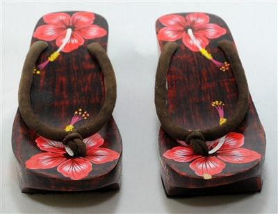 VINTAGE PAINTED HIBISCUS WOOD PLATFORM SANDALS SIZE 8