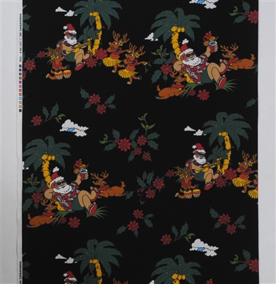 TROPICAL SANTA CLAUS & REINDEER FABRIC - BLACK BACKGROUND