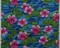 PINK HIBISCUS ON BLUE POLYESTER FLEECE FABRIC