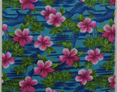 PINK HIBISCUS ON BLUE POLYESTER FLEECE FABRIC