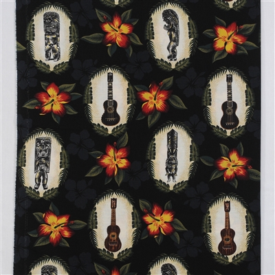 TIKIS & UKULELES RAYON/COTTON FABRIC - BLACK BACKGROUND