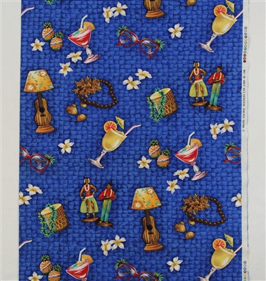 HAWAIIAN ICONS & MEMORABILIA COTTON FABRIC - BLUE BACKGROUND