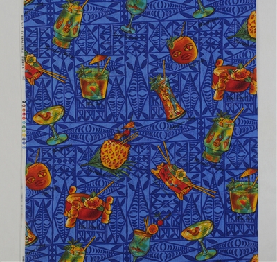 TIKI DRINKS & BOWLS COTTON FABRIC - BLUE BACKGROUND